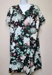 Miss Elaine Relax Snap Front House Coat W/pockets Black Floral Size-2X