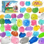 Squishies Mochi Squishy Toys Glitter 70 pcs Party Favors for Kids Mini Squishy Kawaii Mochi Animal Squishies Cat Unicorn Squishy Mini Squeeze Stress Relief Toys for Kids Adults Treasure Box Toys