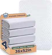 Washable Bed Pads 36" x 52" - 4 Pack, White, Waterproof Bed Pads for Incontinence, Bed Wetting Pads for Bed, Sofa, Floor, Resuable Underpads for Adults, Seniors, Pet