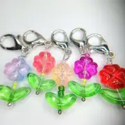 Glass Flower Knitting Stitch Markers Four Leaf Clovers Set of 5 with Rings