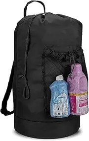 [Dalykate] Backpack Laundry Bag with Shoulder Straps and Mesh Pocket Durable Nylon Clothes Hamper Bag with Drawstring Closure for College, Travel, Laundromat, Apartment, Black