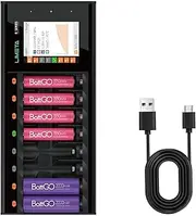 R8 8-Slot Universal Battery Charger with Speedy Smart Fast Charging, LCD Display, Type-C QC3.0 Output,Designed for AA, AAA, Li-ion, LiHv, Ni-MH, Ni-Cd, LiFePO4 Rechargeable Batteries