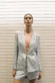 ZARA NEW WOMAN LEPELLESS SEQUIN BLAZER JACKET SILVER XS-XL 7825/816