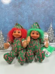 TWO CHRISTMAS CANDY CANE ELVES w/HANG TAG - 7" Russ Soft Troll Dolls - NEW