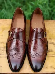 Handmade Brown Color Genuine Leather Stylish Dotted Wing Tip Monk Strap Shoes