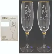 BOHEMIA CRYSTAL 2 x ETCHED CRYSTAL WEDDING CHAMPAGNE FLUTES GOLD LEAF BNIB GIFT