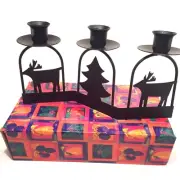 Rustic Christmas Taper Candle Holder Metal Woodsy Decor Elk and Fir Tree