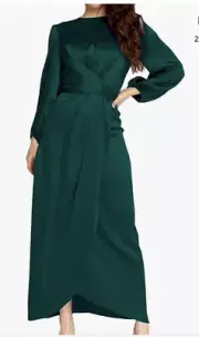 Pinup Art Size M Emerald Green Satin Maxi Dress Back Tie Long Sleeve