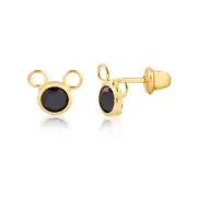 18k Solid Yellow Gold Zirconia Mouse Push Back Stud Earrings for Infants