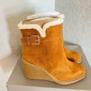 FRANCO SARTO Ulayna Water Resistant Suede Fleece Wedge Bootie, Brown, 8.5, NWT