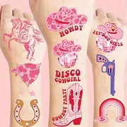 Pink Cowgirl Temporary Tattoo, Disco Cowgirl Temporary Tattoos Stickers Western Horse Rodeo Birthday Party Supplies for Bachelorette Birthday Y2K Cowgirl Party Supplies