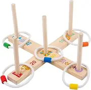 Happyyami 1Set Funny Ring Toss Game Wooden Hand Eye Coordination for Preschool Learning Backyard Fun Birthday Party Favor Durable Educational