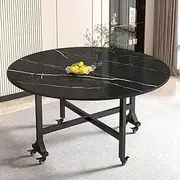 Folding Table for Small Space, Round Marble Dining Table, Mobile Folding Dining Table, Multifunctional Family Meeting Table, No Installation Required, Suitable for Family Dinners (Black,
