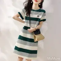 在飛比找momo購物網優惠-【MsMore】撞色條紋連身裙韓版休閒簡約短袖直筒顯瘦親膚中