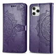 For iPhone 12 / 12 Pro Case, Halfway Mandala Folio PU Leather Case, Card Slots, Wallet, Lanyard, Purple