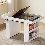 Board Game Table w/ Removable Top & PU Leather Mat, 2-in-1 Dining and Gaming Table for 4–6 Players, w/ Storage Shelves, Cup Holders, and Corner Protectors, for Card Games, DND, Poker, Building Blocks