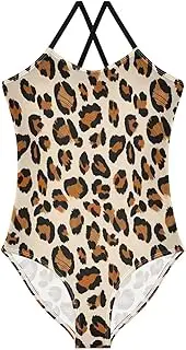 [RPLIFE] Leopard Print Beige Girls Swimming Suit, Beach Swimsuit 3-10 Y with Adjustable Shoulder Strap, 3-10 Y