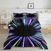 Erosebridal Gradient Black Light Comforter Set 3D Black Hole Abstract Geometric Queen Bedding Sets,Modern Striped Circle Swirl Quilt,Teal Blue Purple Stripes Room Decor for Men