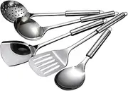 5Pcs Stainless Steel Cooking Utensils Set, Stainless Steel Kitchen Utensils, Professional Wok Utensils Set Include Spatula,Soup Ladle,Slotted Spatula,Rice Spoon,Large Round Strainer Spoon (5Pcs A)