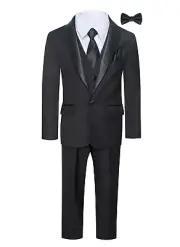 Magen Boys Black SLIM FIT Tuxedo suit 7pc set coat,vest,pant,shirt,bowtie, tie