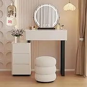 Makeup Vanity Desk with LED Mirror & Stool,Telescopic Dresser with 4 Drawers & Makeup Brush Storage Bucket(A,50cm)