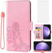 [Asuwish] Compatible with Samsung Galaxy S23 FE 5G Wallet Case and Tempered Glass Screen Protector Flip Wrist Strap Credit Card Holder Stand Cell Phone Cover for S 23 EF S23FE 23S Women Men Rose Gold