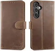 [Lensun] Genuine Leather Case for Samsung Galaxy A35, Mobile Phone Case, Genuine Leather, Wallet, RFID Blocker, Mobile Phone Case, Leather Flip Cover for Samsung A35 5G - Vintage Dark Brown