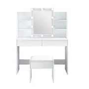White Dressing Table Makeup Vanity Table Stool Set with Drawers and Lighted Mirror