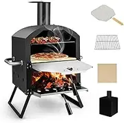 Costway Portable Multi-Fuel Outdoor Pizza Oven w/Folding Legs & Handles, 2-Tier Design, Adjustable Air Vents, Wood Fired Stove w/Stone, Peel, Waterproof Cover