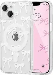 UEEBAI Magnetic for iPhone 15 Case, Bow Case Compatible with MagSafe, Wireless Slim Clear Ribbon Aesthetic Phone Case Anti-Yellowing Shockproof Protective Cover for Women Girl - White