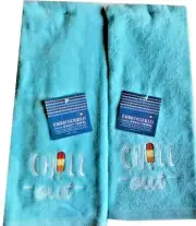 Chill Out Hand Towels Summer Beach House Guest Set of 2 Embroidered Blue