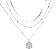 [YangQian] Snake Chain Coin Layering Necklace Silver Engraved Lotus Coin Pendant Necklace for Women Girls