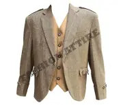 Scottish Khaki Brown Tweed Argyle Kilt Jacket With Vest - Men's Wedding Coat