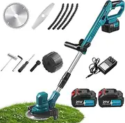 Cordless Grass Trimmer – Electric Strimmer with 115-145cm Telescopic Shaft, 3 Blade Types, 2 x 21V Batteries, Digital Display & Removable Wheels for Lawn Care & Weed Pruning