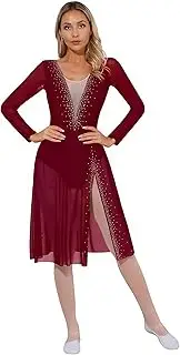 [TiaoBug] Women Lyrical Dance Dress Mesh Long Sleeve Tulle Side Split Skirt Leotard Contemporary Costume