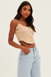 Beige Corset Singlet Sleeveless Scoop Neck Rib Jersey - Size L, Women's Singlet