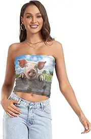 [RPLIFE] Funny Pig Crop Tube Top, Strapless Tops Going Out, Mesh Tube Tops, Sexy Tube Tops (S)