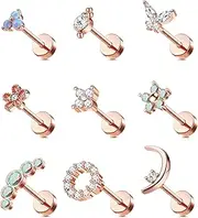 [Florideco] 9Pcs 16G Cartilage Stud Earring for Women 316L Stainless Steel Screw Flat Back Earrings Butterfly Moon Flower Crawler Helix Tragus Daith Piercing Earrings Cute CZ Opal Cartilage Piercing Jewelry