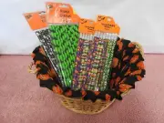 Halloween Lot -- Paper Straws, Pencils in Jack-O-Lantern Fabric Lined Basket