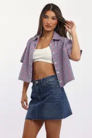 Blue Check Relaxed Shirt Short Sleeve Collared - Size 16XL, Women's Shirt