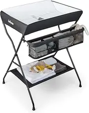 INFANS Baby Portable Changing Table, Infant Diaper Station with Storage Basket & Shelf, Foldable Nursery Organizer (Black)