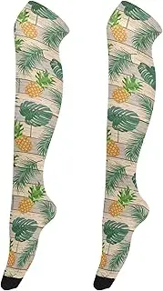[Caihoyu] Thigh Socks for Women Anti Slip Long Stockings Thighs High Socks for Weddings Pineapples Palm Leaves Wooden Background, Pineapples Palm Leaves Wooden Background