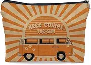 Ayxvt Here Comes the Sun Retro 70s Hippie Orange Bus Sunshine Ray Cosmetic Bag Decorative Women's Makeup Bag Zipper Pouch Travel Toiletry,Birthday Gifts for Teen Girls