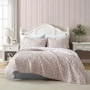 [Laura Ashley] King Quilt, Cotton Reversible Bedding, All Season Cottage Home Décor (Rowena Pink, King)
