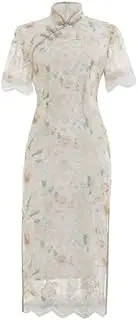 [ChangNanJun] 2022 Floral Chiffon Cheongsam Short Sleeve Chinese Button Qipao Dress with Lining