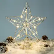 Sliver Christmas Tree Topper Star Decorations Xmas Tree Ornaments with Exquisite Beads 10 Warm LED Lights(Five-Point Hollow Star)