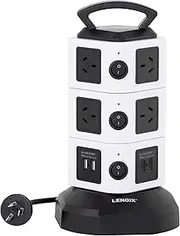 Lenoxx Tower Power Board Surge Protector - 10 Outlets, 2 USB-A Ports, 2 USB-C Ports, Surge Protection, Fast Charging, 360° Rotation, 2m Retractable Cord, USB Output 5V 2.1A - Black and White
