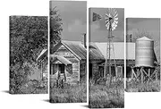 [Nachic Wall] 4 Piece Black and White Canvas Art Texas Farmhouse Picture Painting Countryside Barn Windmill Landscape Poster Artwork for Home Living Room Kitchen Wall Decoration Framed Ready to Hang