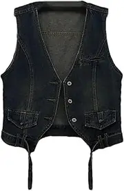 [Jegsnoe] Women V-Neck Denim Vests Single-Breasted Spring Summer Vintage Casual Short Sleeveless Jean Jacket