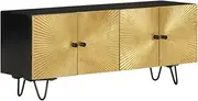 vidaXL Modern TV Cabinet in Black & Gold - Solid Mango Wood with Brass Inlays, Storage Compartments, Sturdy Top & Protective Doors